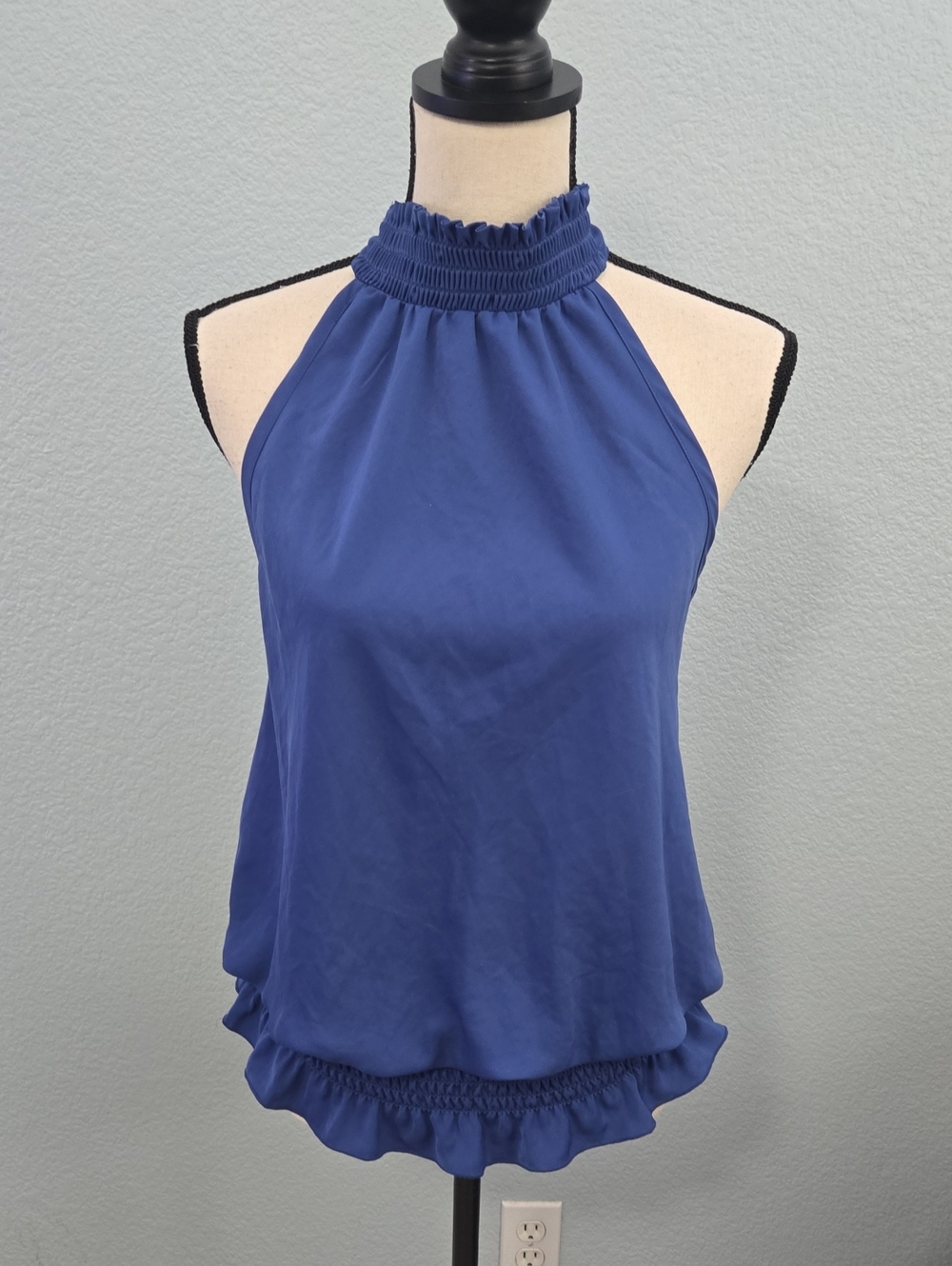 RAMY BROOK Amara Gathered Satin Blouse In Spring Navy Halter Tie Back Sz LARGE